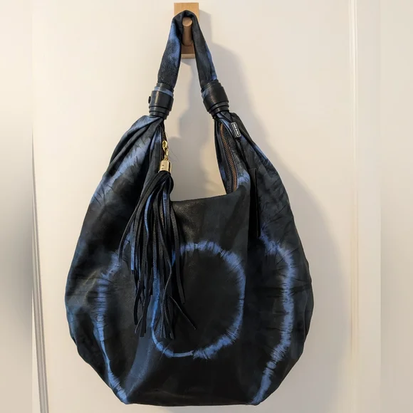Montini Italian Leather Slouchy Hobo Bag - Black Blue Tie Dye Large NWT - Picture 2 of 5